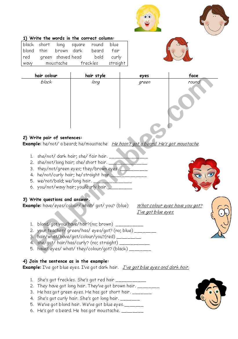 Describing hair and eyes worksheet