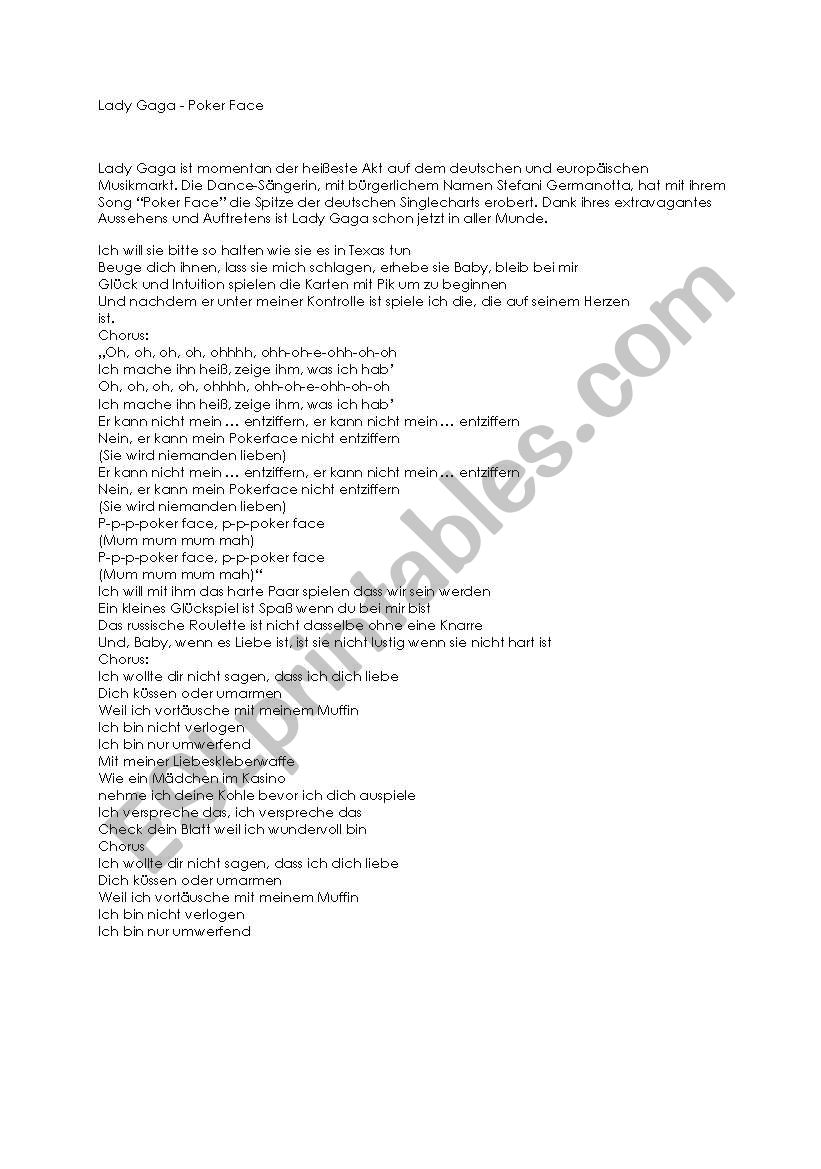 lady gaga - pokerface worksheet