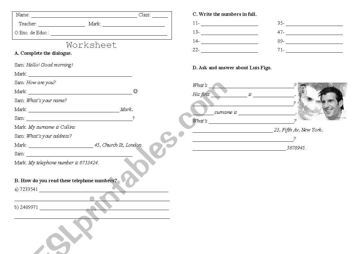 Personal Identification Worksheet