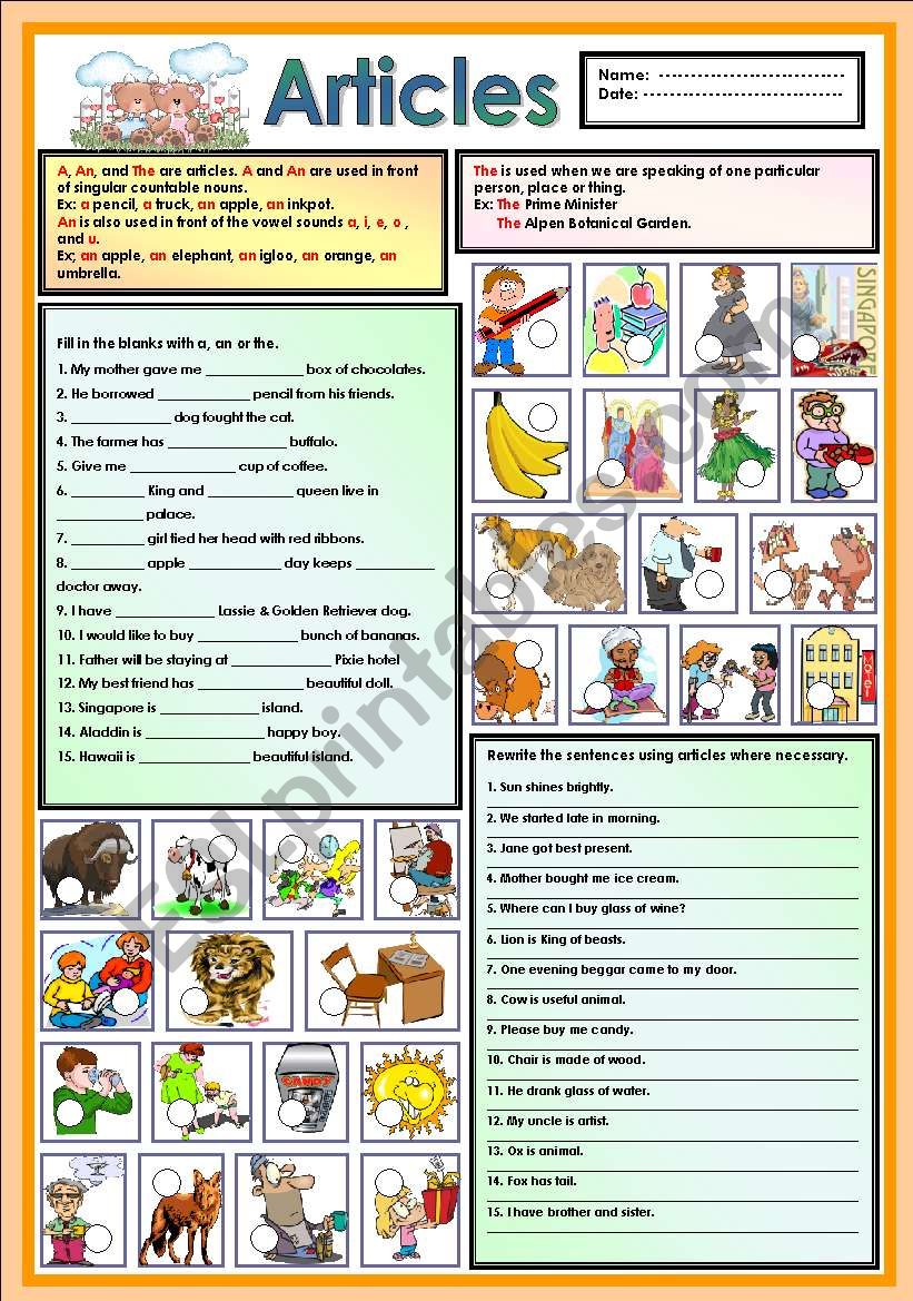 Articles worksheet