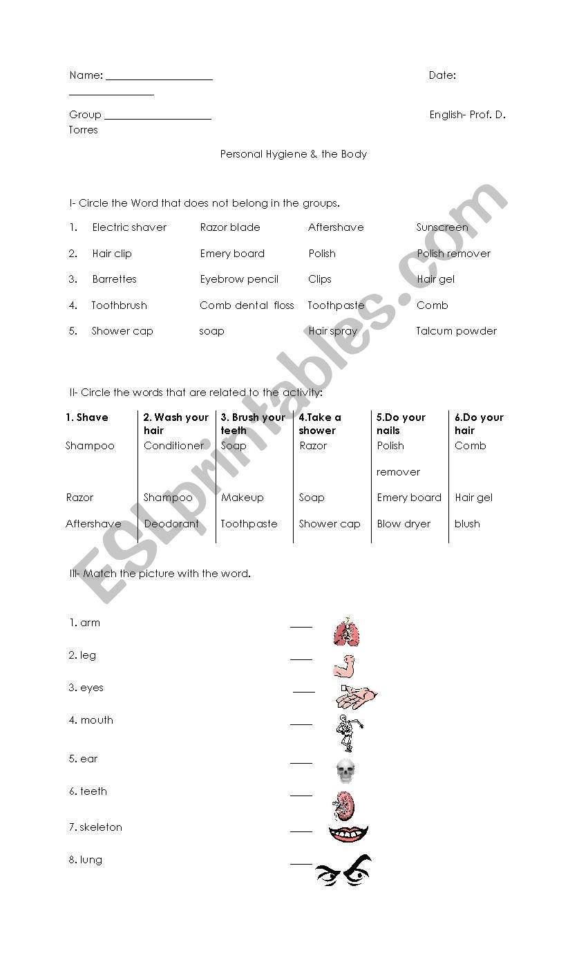 Personal hygiene & body parts worksheet