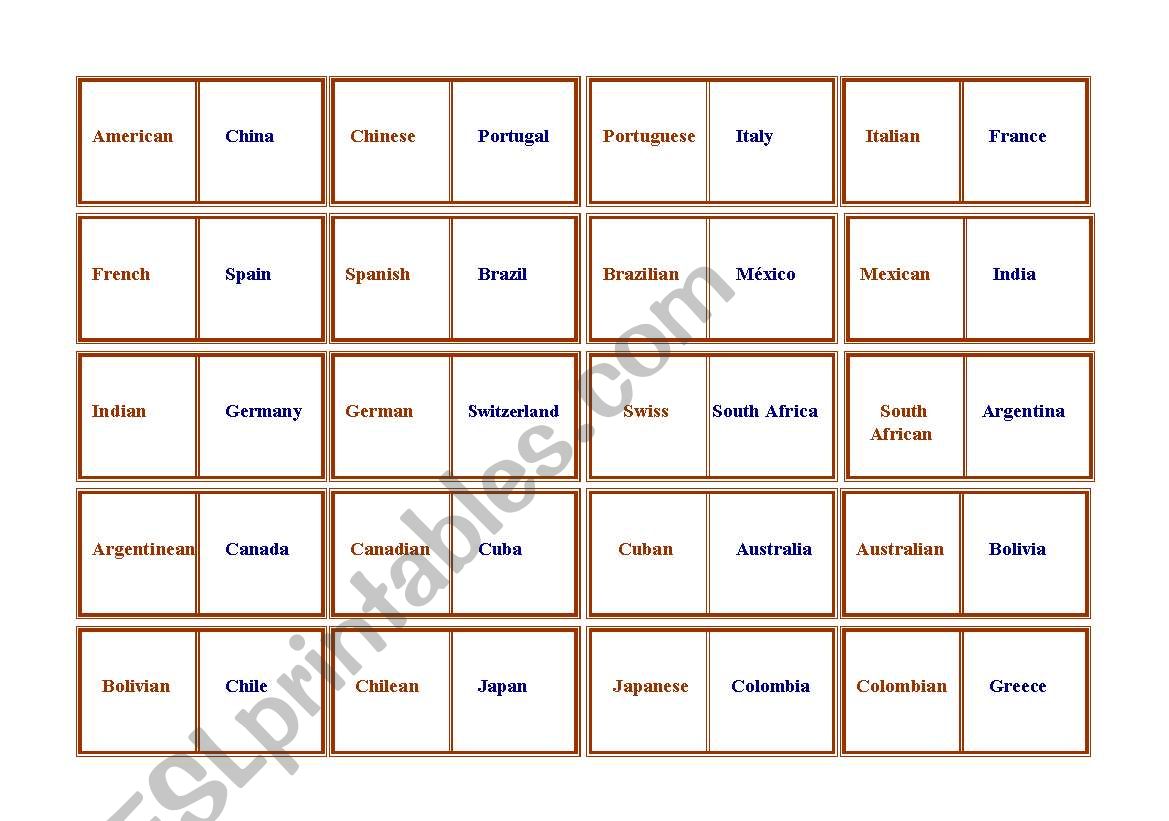 Nationalities domino worksheet