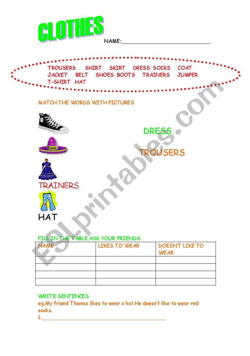 clothes worksheet