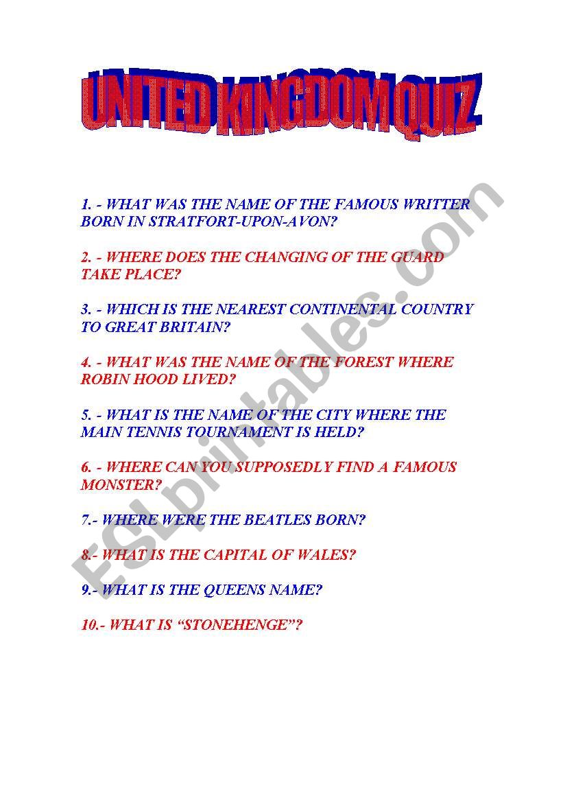 United kingdom quiz worksheet