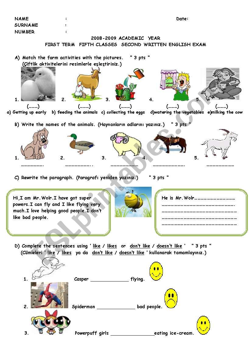 5th second term second exam worksheet