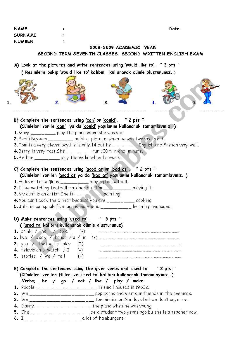7th second term second exam worksheet