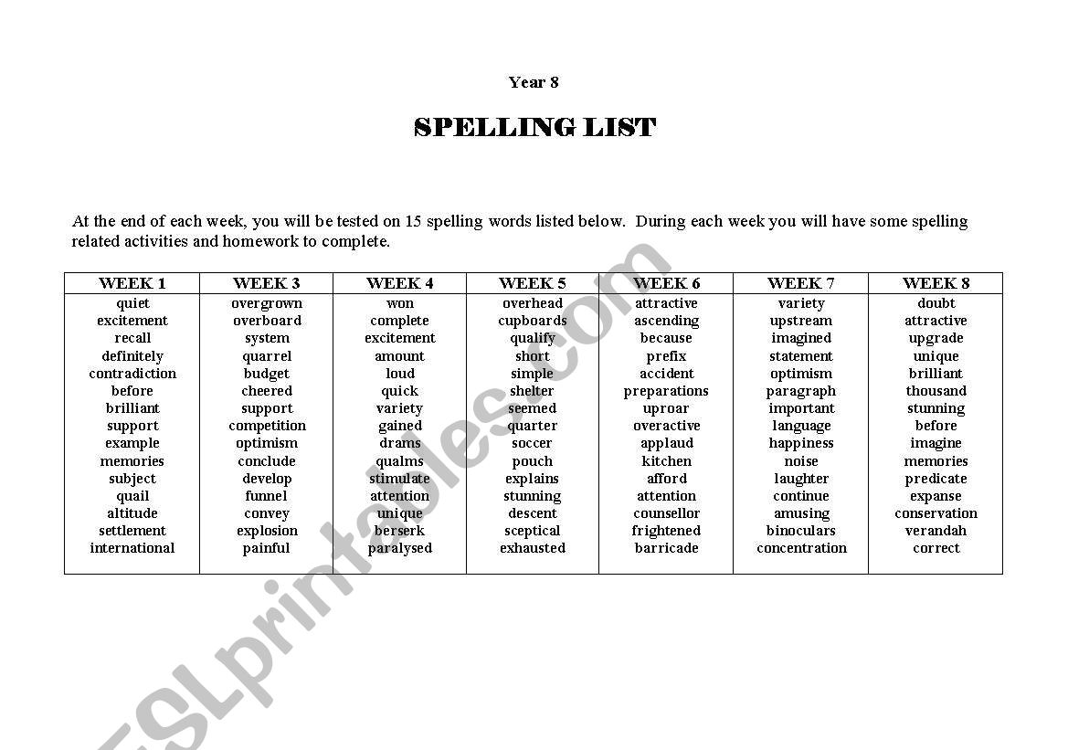Spelling List worksheet