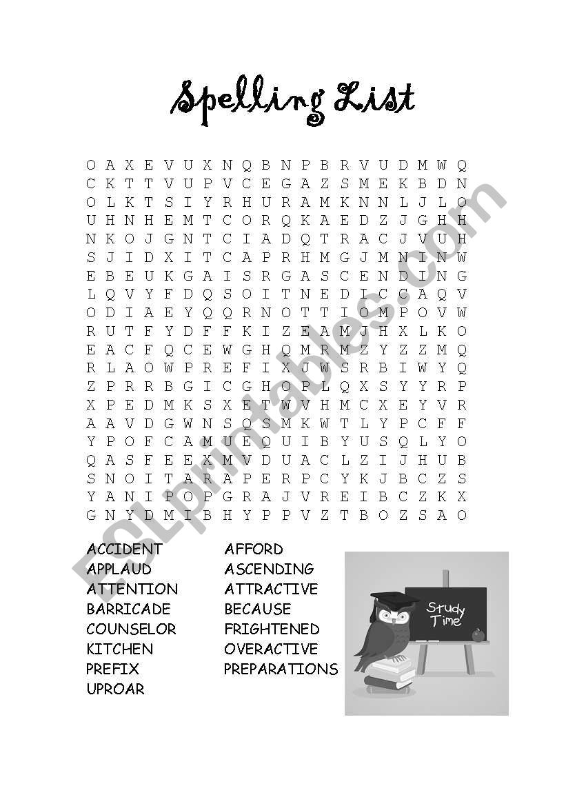 Word Search Spelling List worksheet