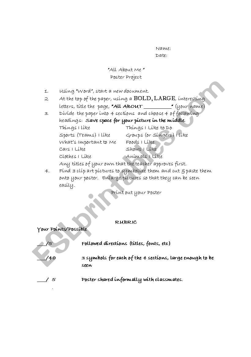All About Me Project worksheet