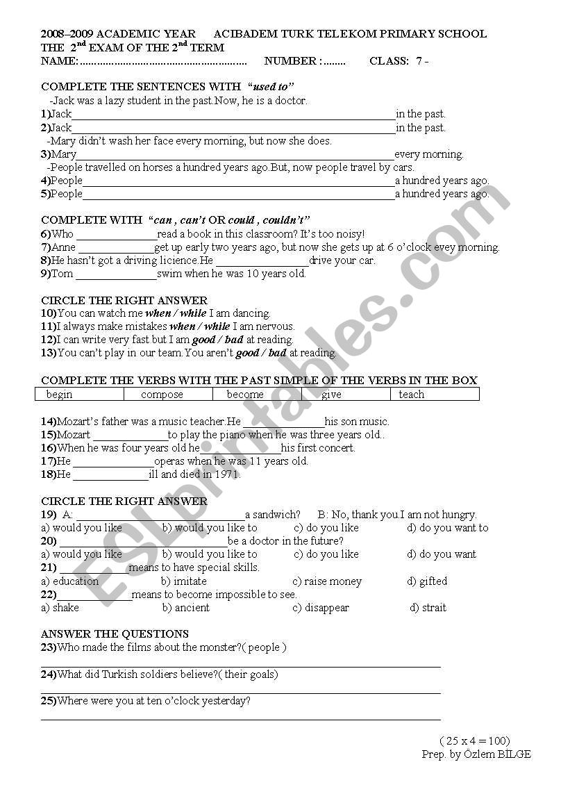 My English 7 Second Term worksheet