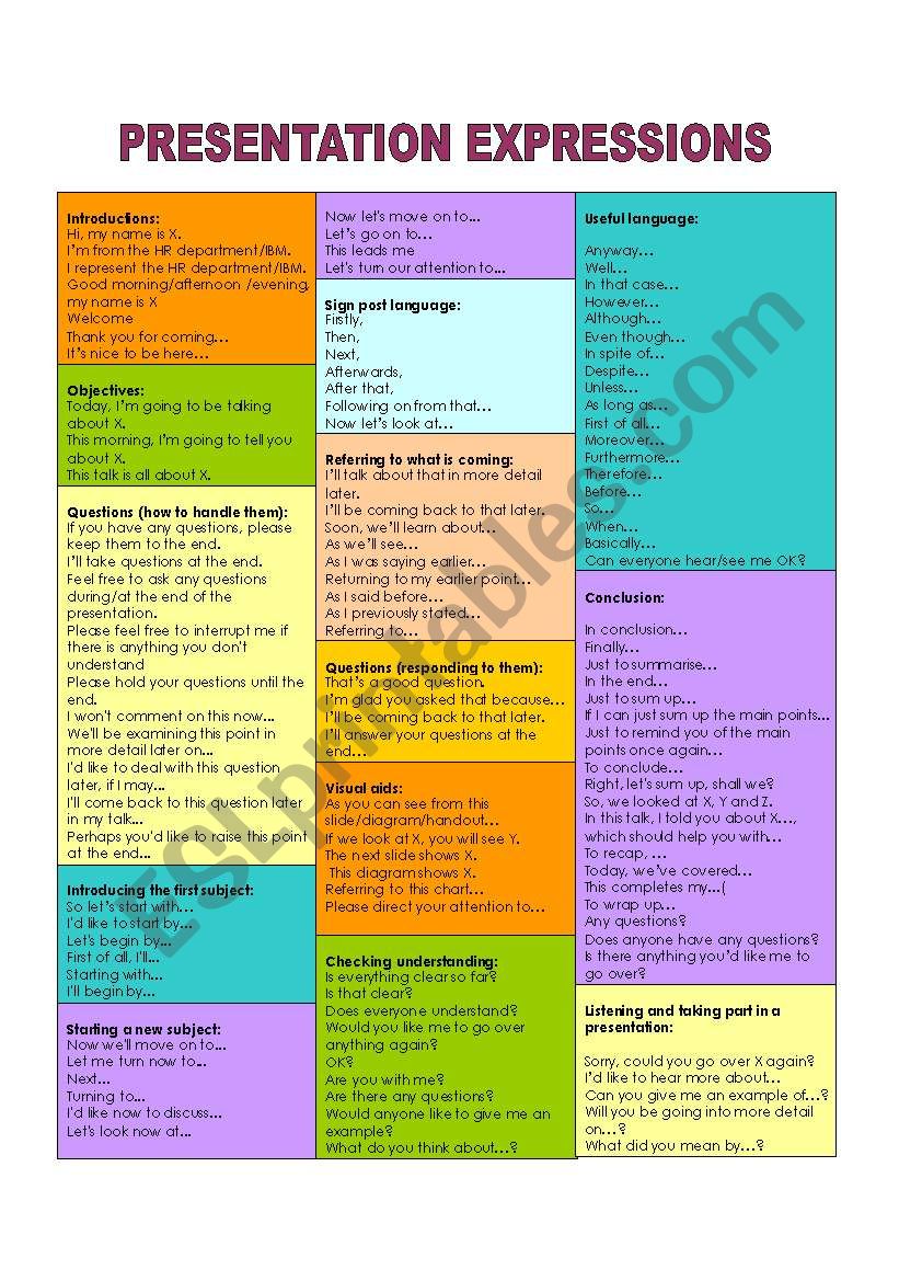 Presentation expressions worksheet