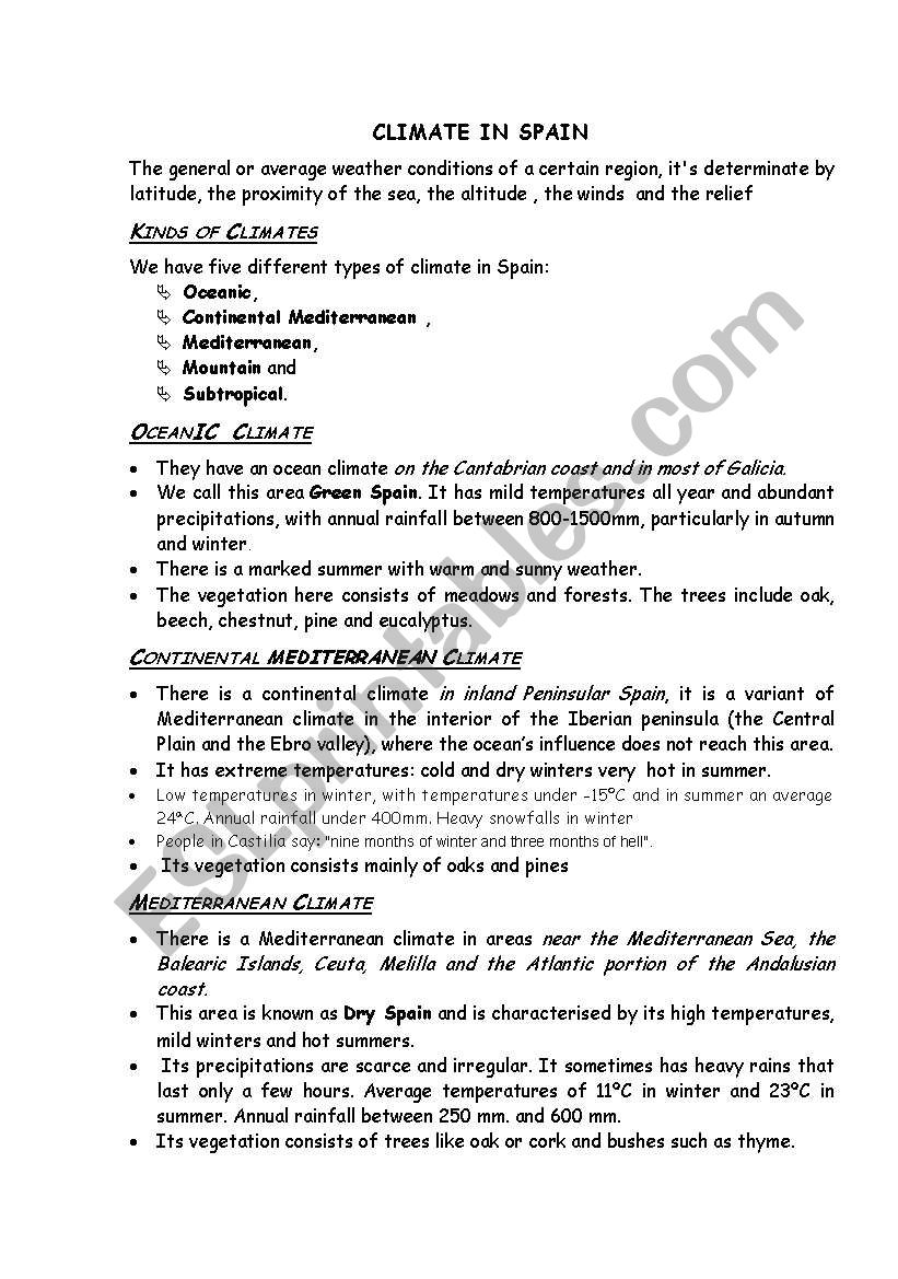 Climate in Spain worksheet