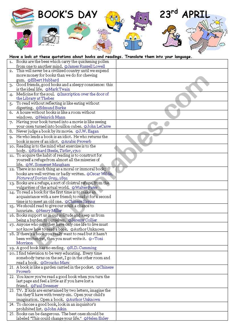 Books Day worksheet