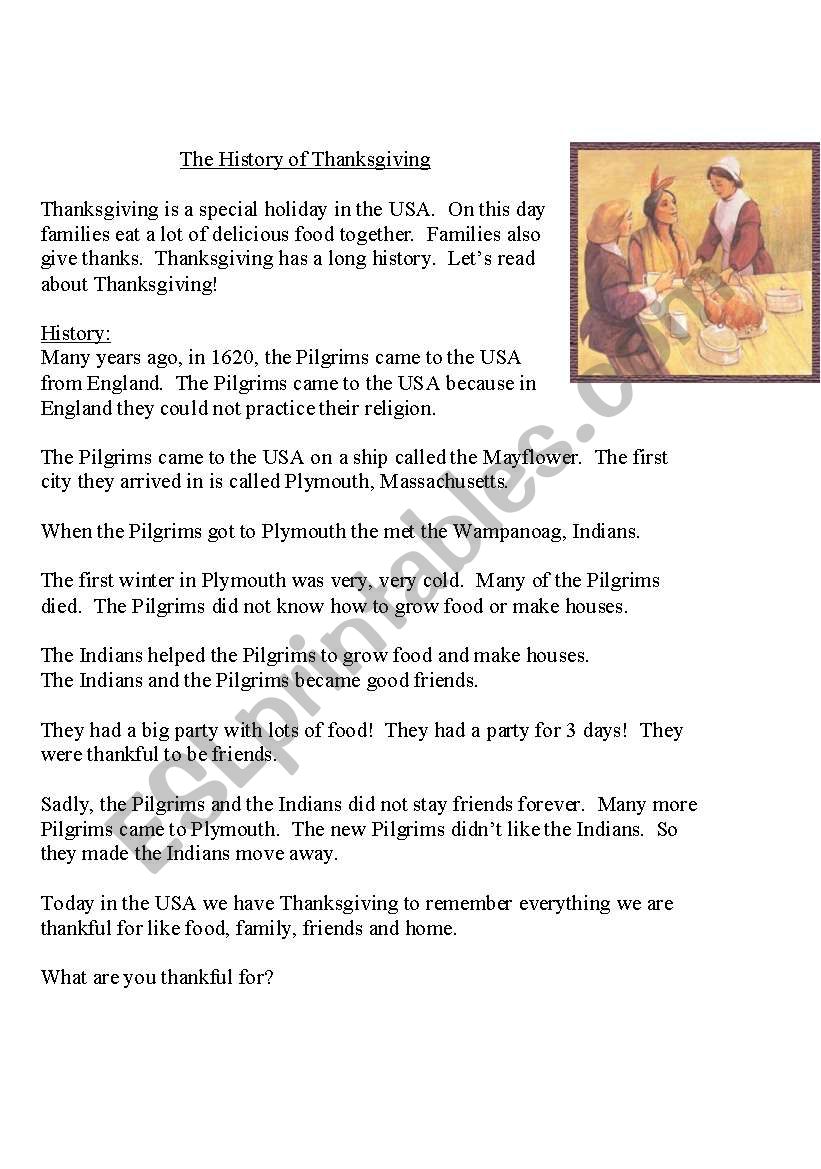 The History of Thanksgiving worksheet