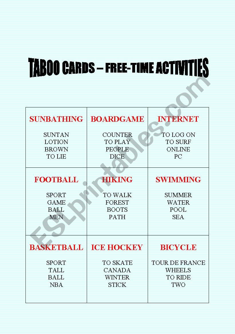 Taboo cards (No. 3) - Free-time activities