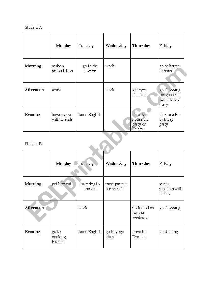         Weekly schedules- present continuous for future arrangements