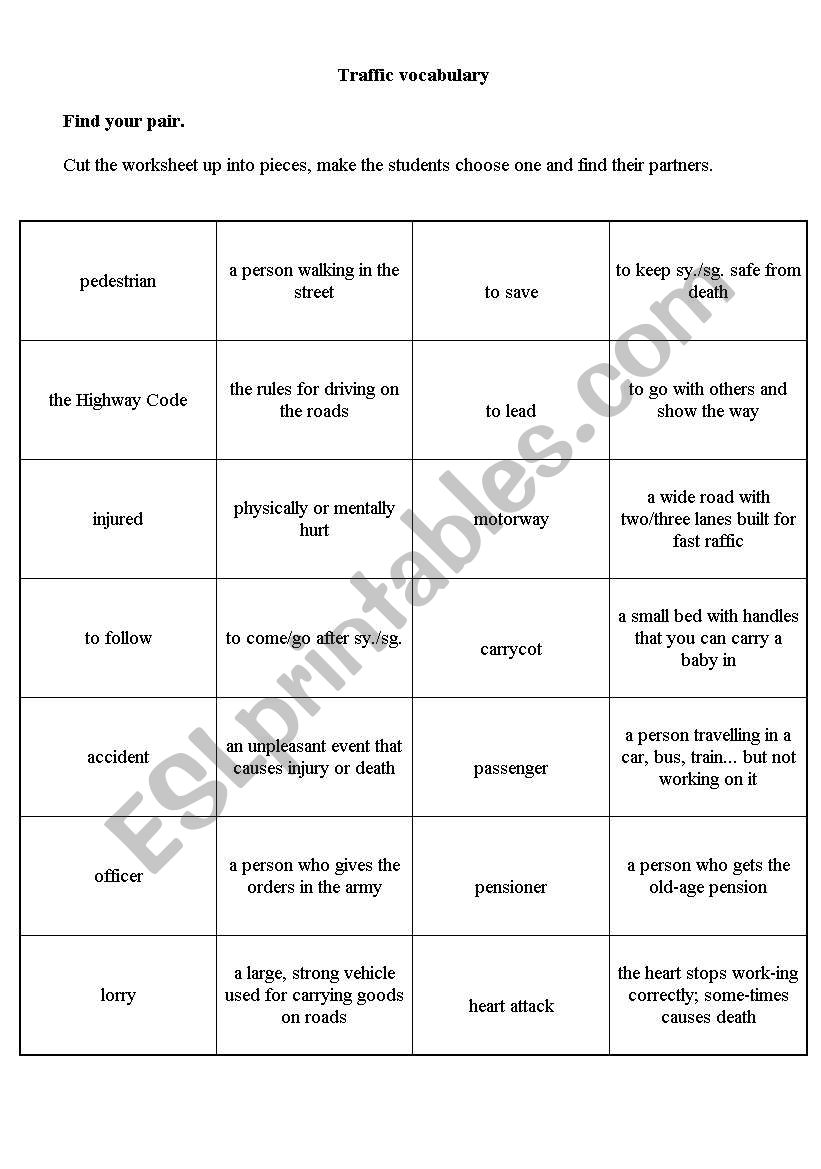 Traffic vocabulary worksheet