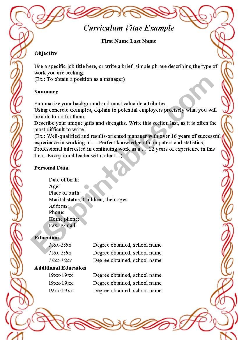 Curriculum Vitae  worksheet