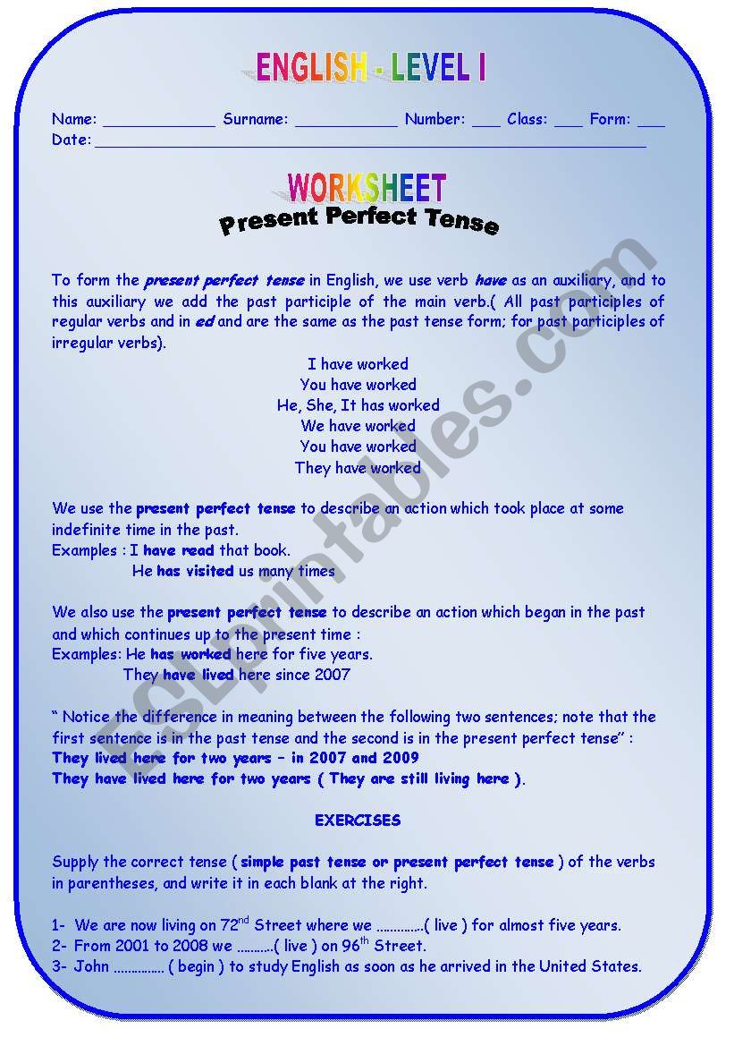 Present Perfect Tense worksheet
