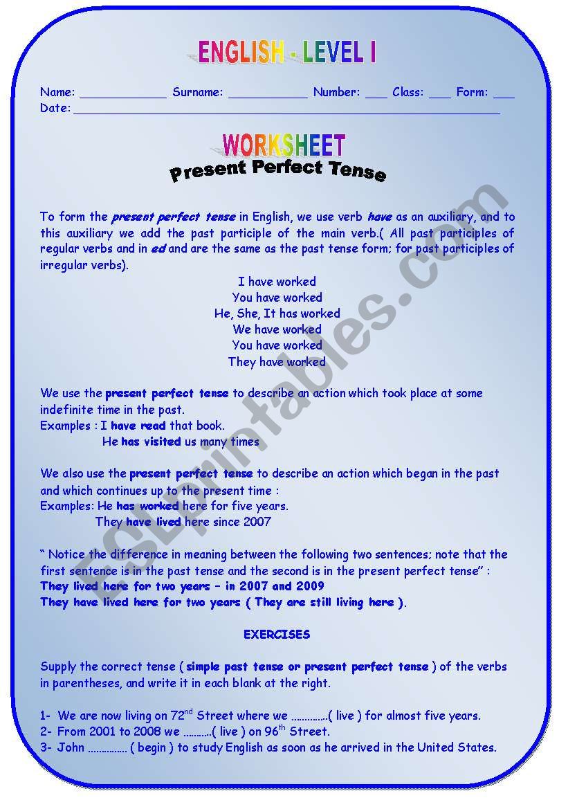 Present Perfect Tense worksheet