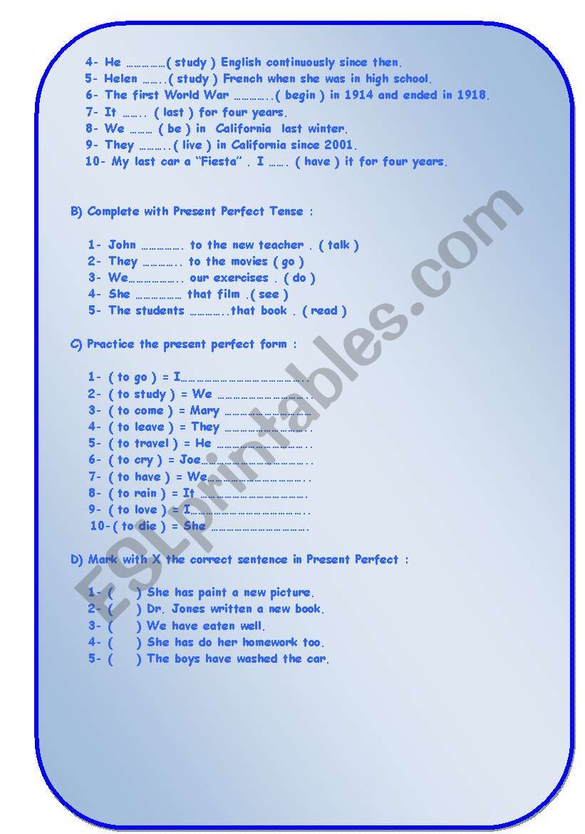 Present Perfect Tense worksheet