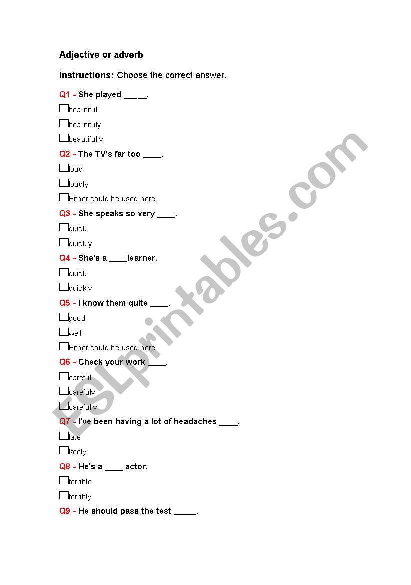 adjective or adverb exrcise worksheet