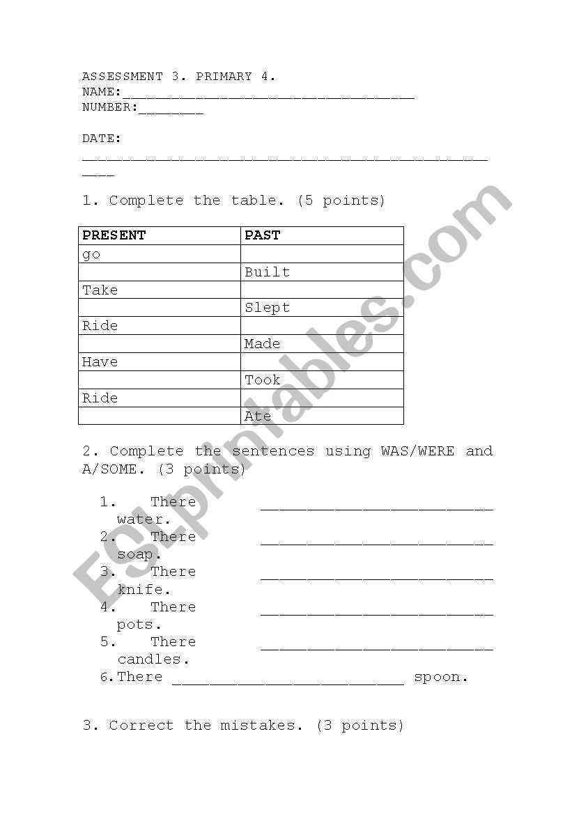 Past Simple assessment worksheet