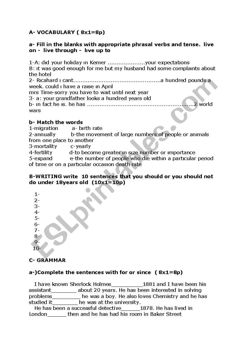 exam worksheet