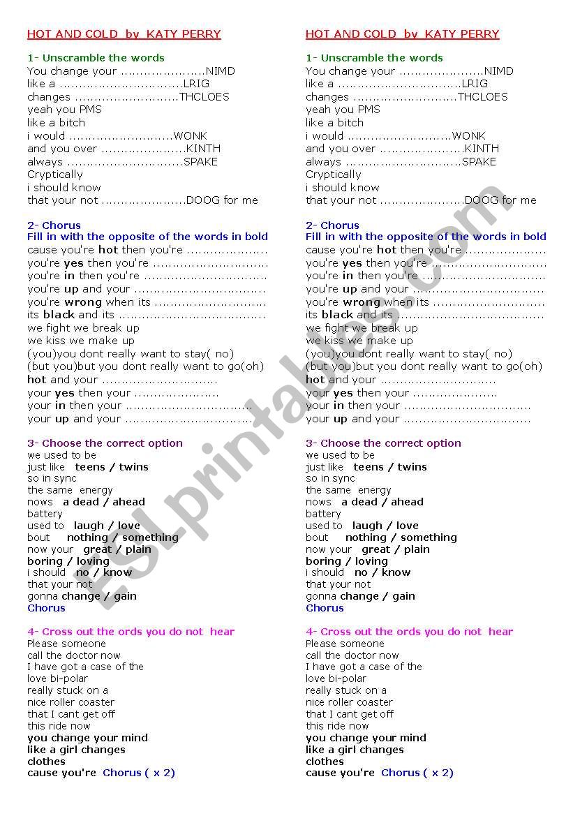HOT AN DCOLD by KATY PERRRY worksheet