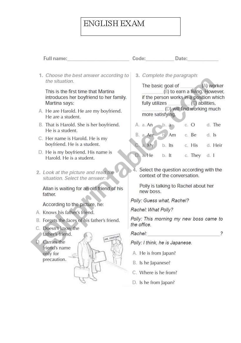 ENglish Exam 1 worksheet