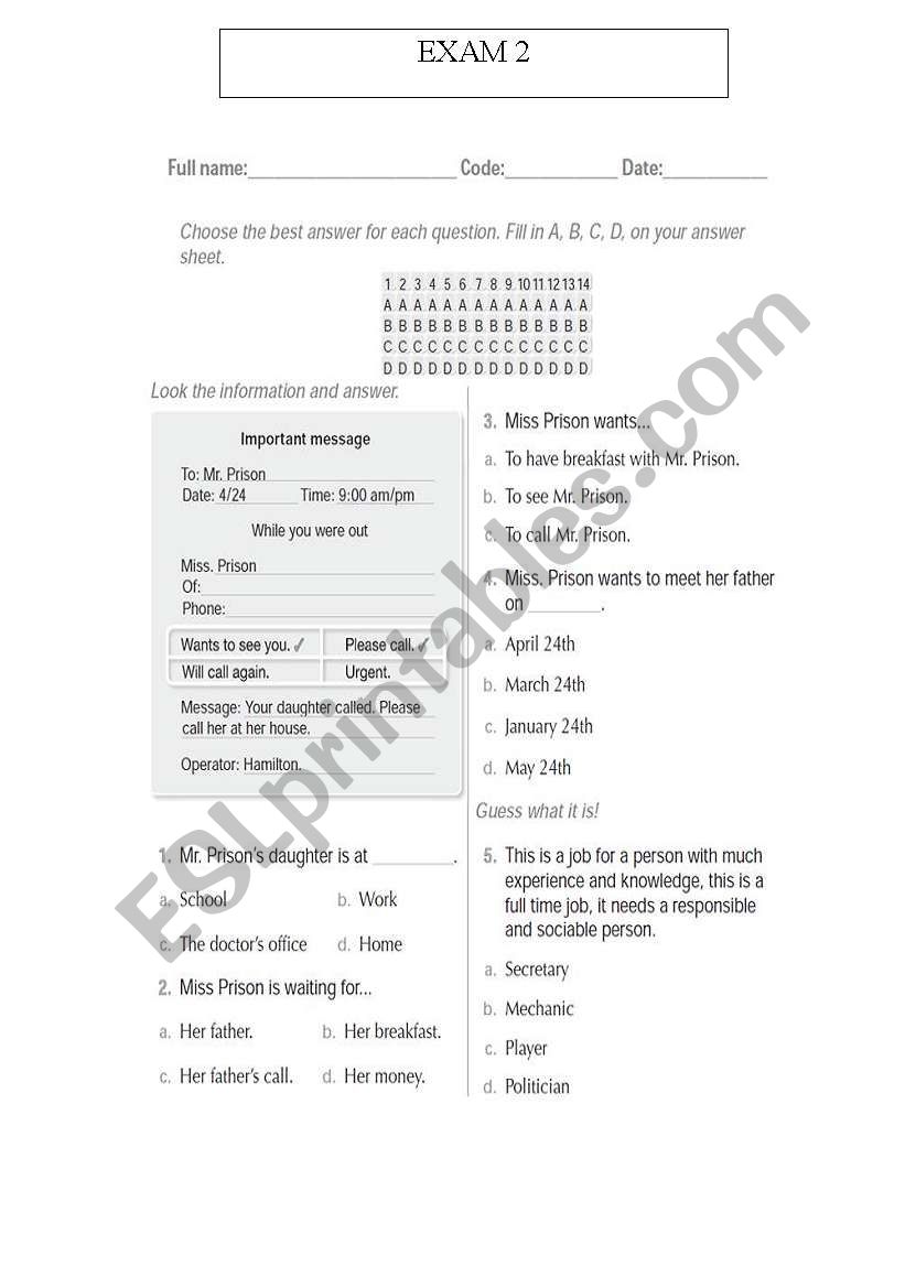 English Exam 2 worksheet