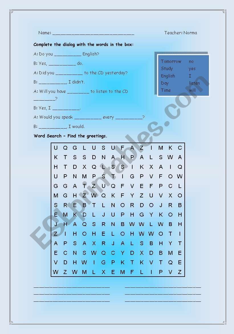 Greetings worksheet