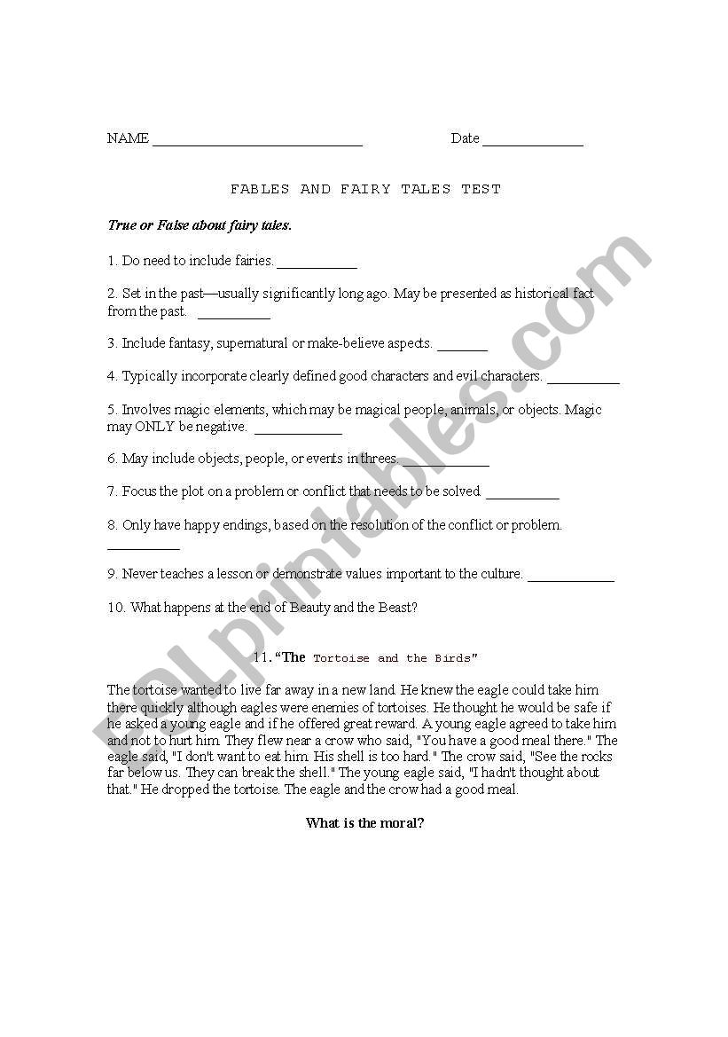 Fairytale Test worksheet