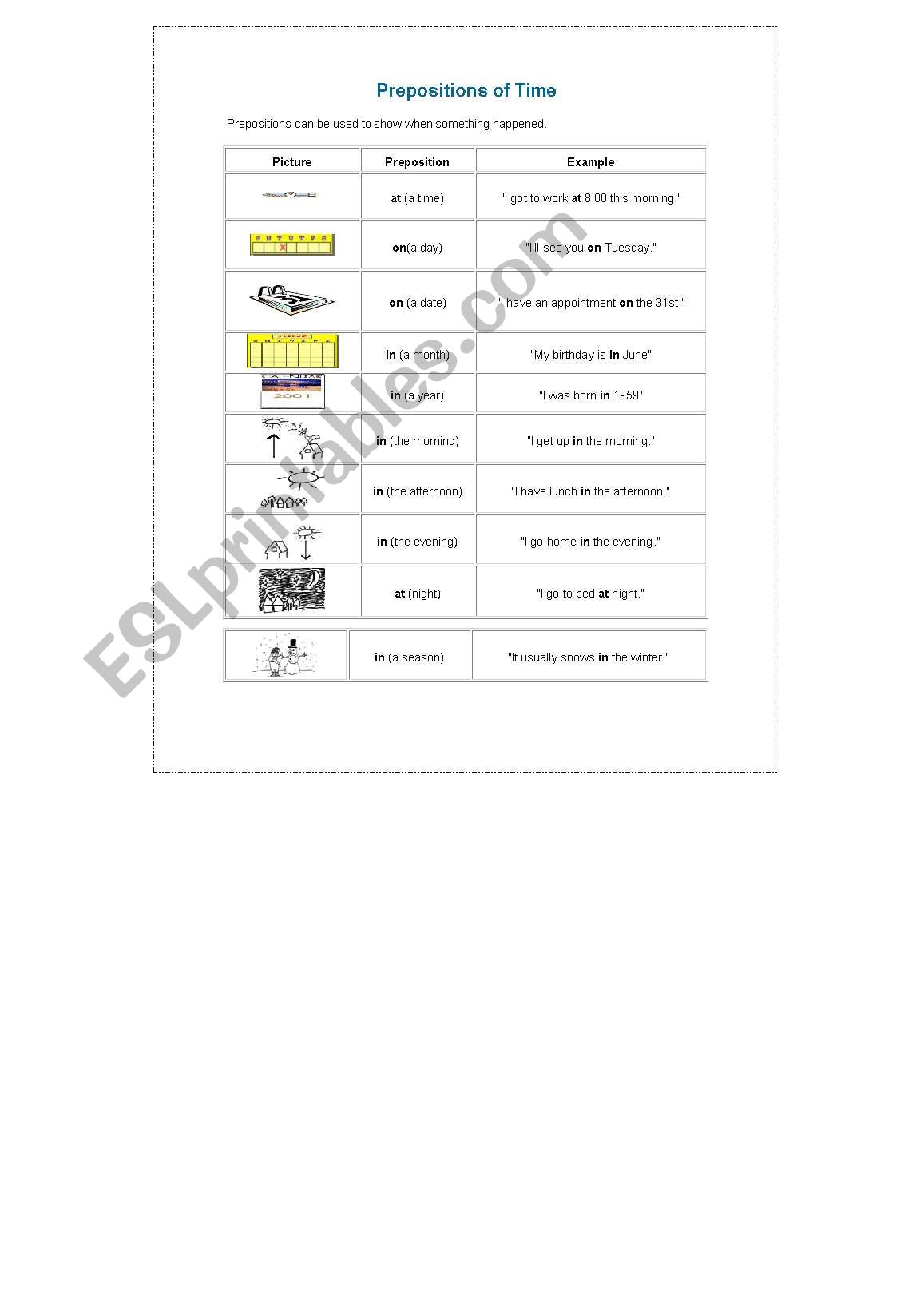 preposition of time worksheet