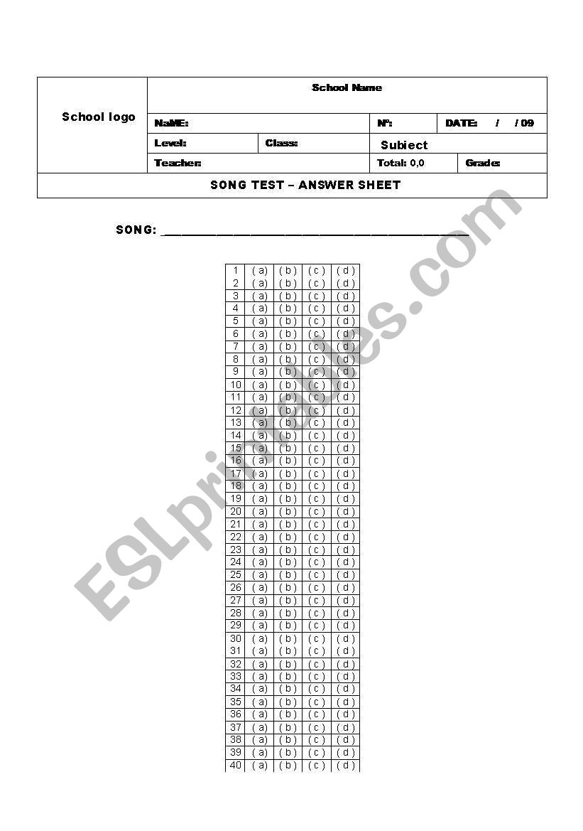 Multiple choice song answersheet