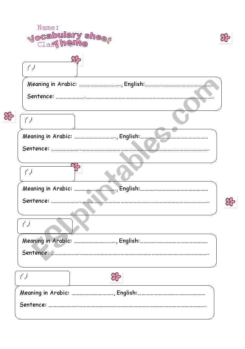 Vocabulary Sheet worksheet