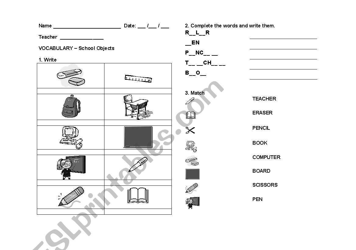 school objects worksheet