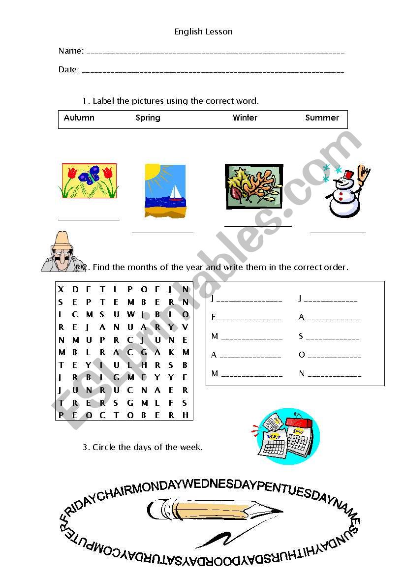 Seasons, Months, Days worksheet