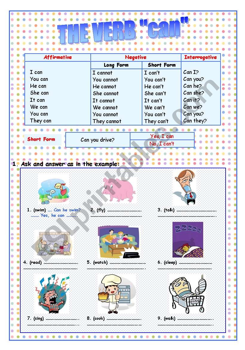 The verb can worksheet