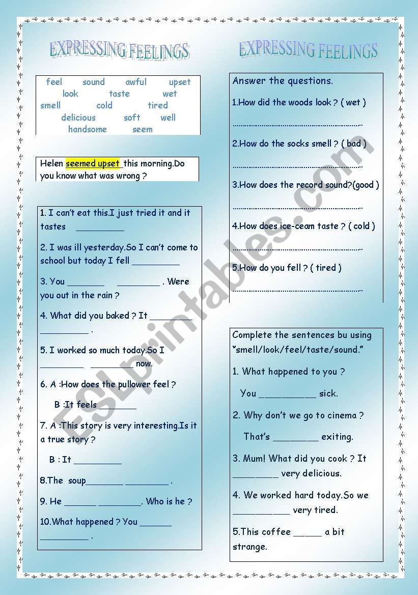 Expressing feelings(feel-taste-look-smell-sound) 2 pages