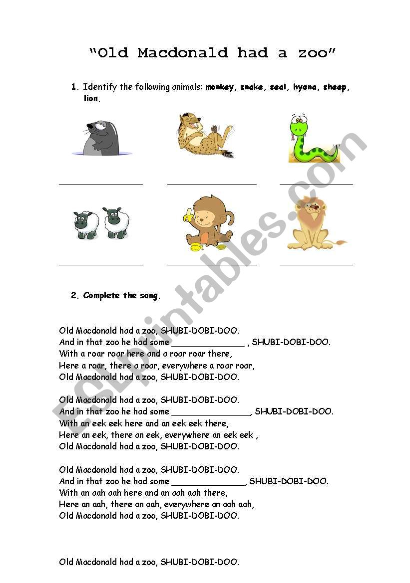 Old Macdonald had a zoo worksheet