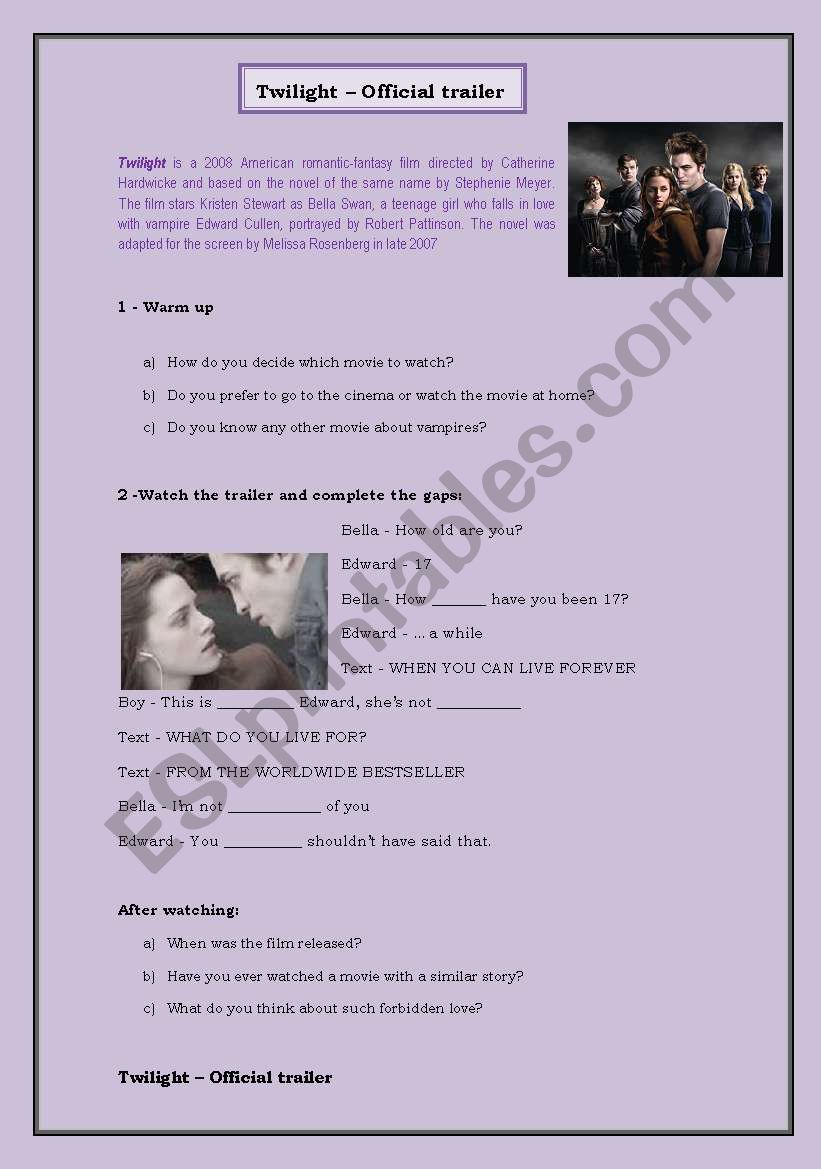 Twilight Trailer worksheet