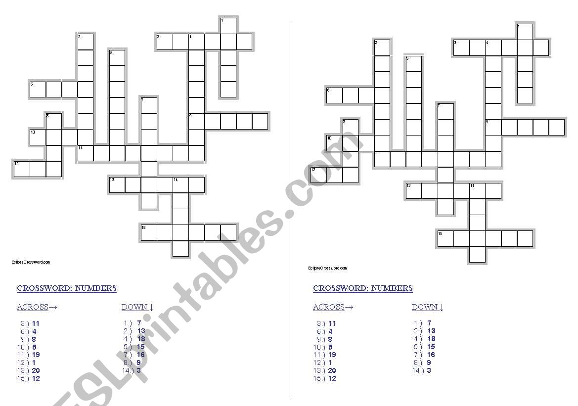 crosswors on numbers 1-20 worksheet