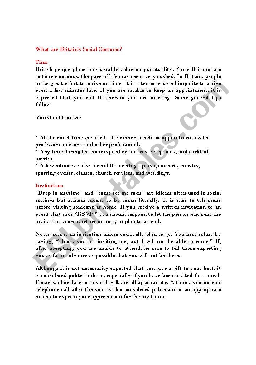 Britain Customs worksheet