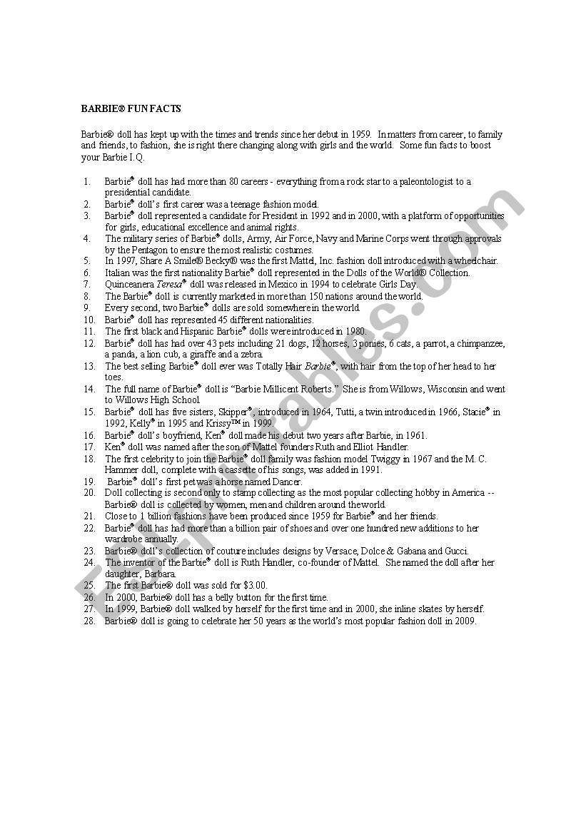 Barbie Fun Facts worksheet