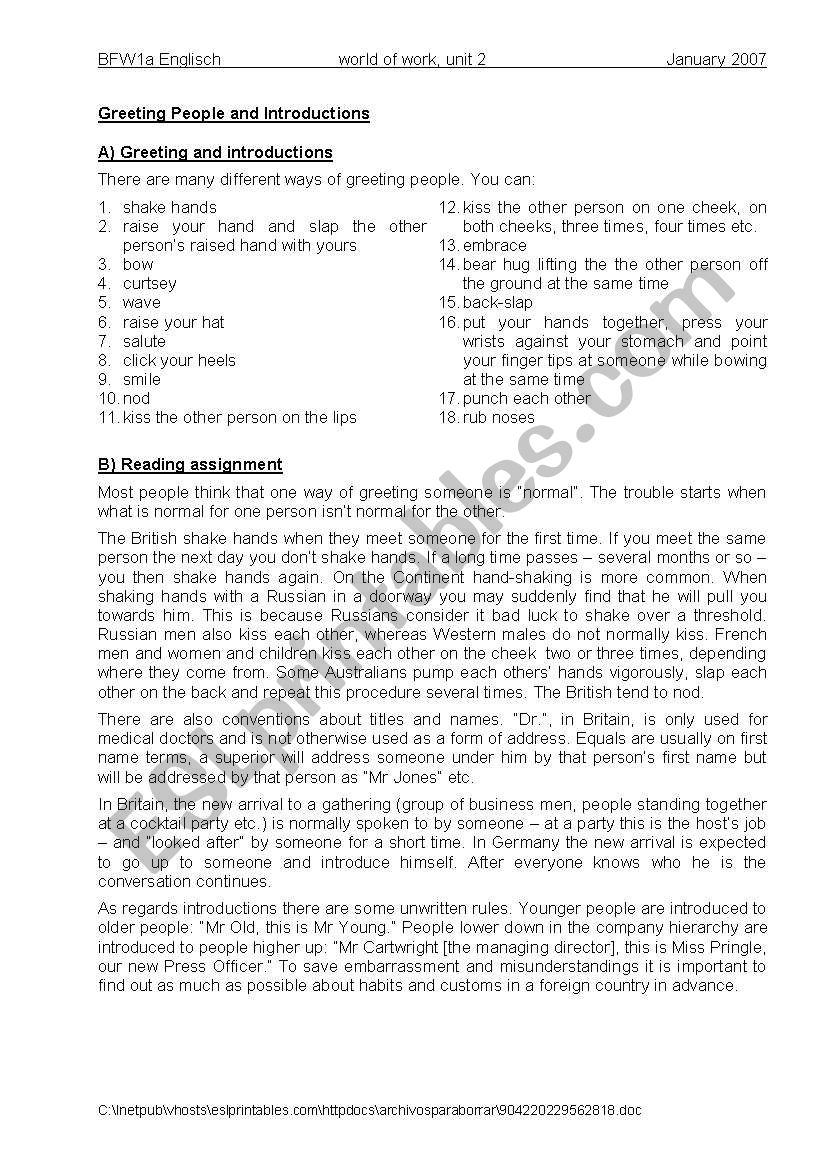 Greetings and introduction worksheet