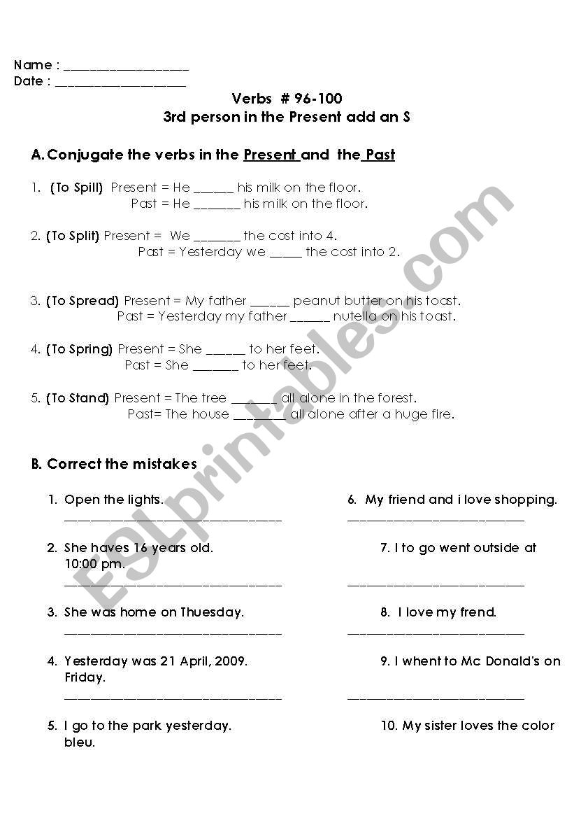 irreular verbs  worksheet