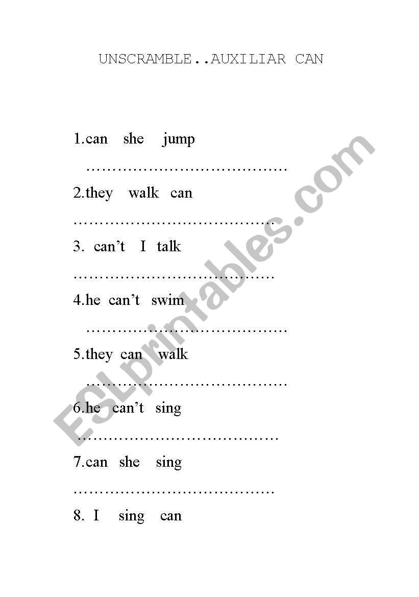 UNSCRAMBLE..AUXILIAR CAN worksheet