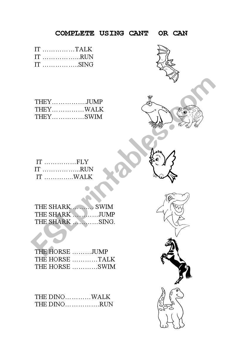 COMPLETE USING CANT  OR CAN worksheet