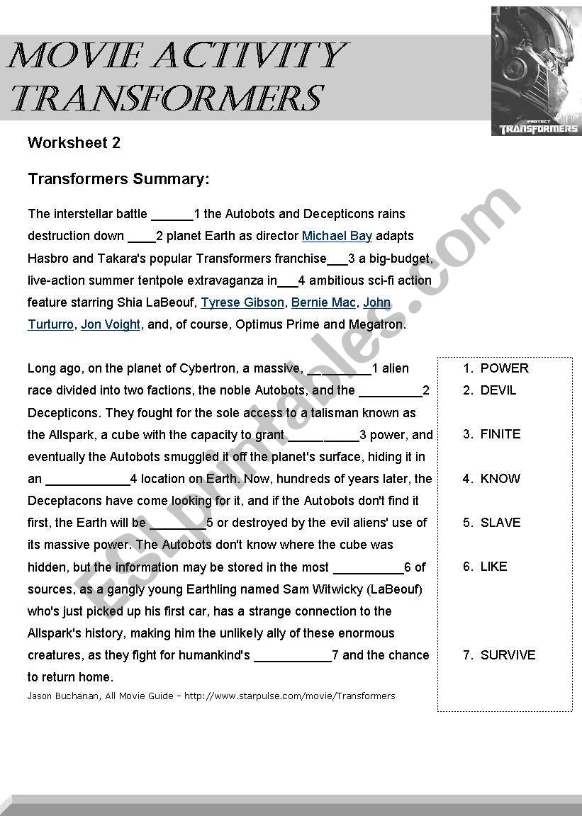 Transformers the movie worksheet